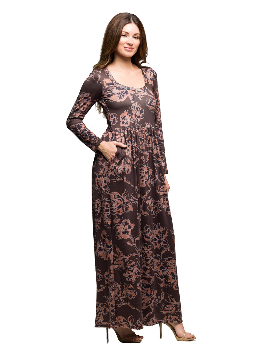 24seven Comfort Essential Petite Floral Long Sleeve Square Neck Pleated Maxi Dress