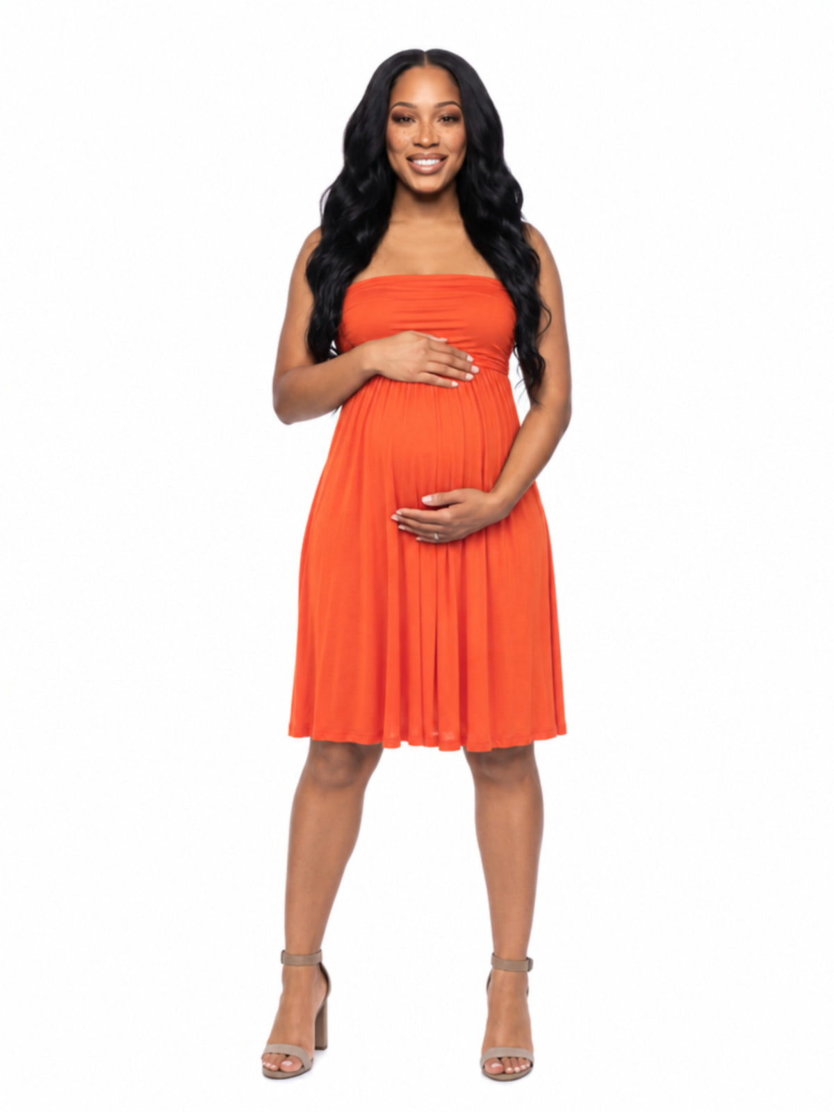 24seven Comfort Essential Maternity Strapless Pleated Empire Waist Knee Length Flared Mini Dress
