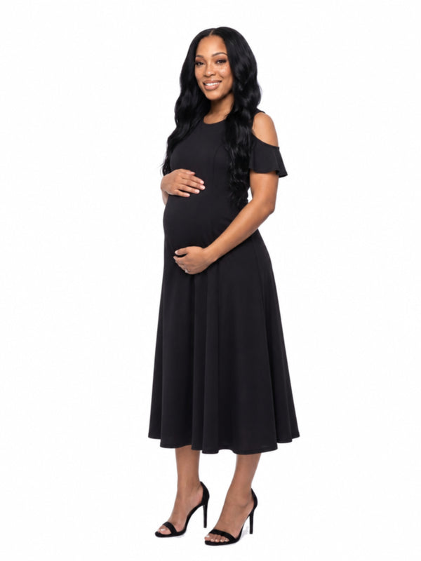 24seven Comfort Elevate Maternity Ruffle Cold Shoulder A Line Maxi Dress