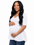 24seven Comfort Basic Maternity V Neck Elbow Sleeve Flared Henley Style Tunic Top