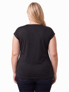 24seven Comfort Elevate Curvy Cap Sleeve Asymmetrical Boat Neck With Gold Shoulder Brooch Top