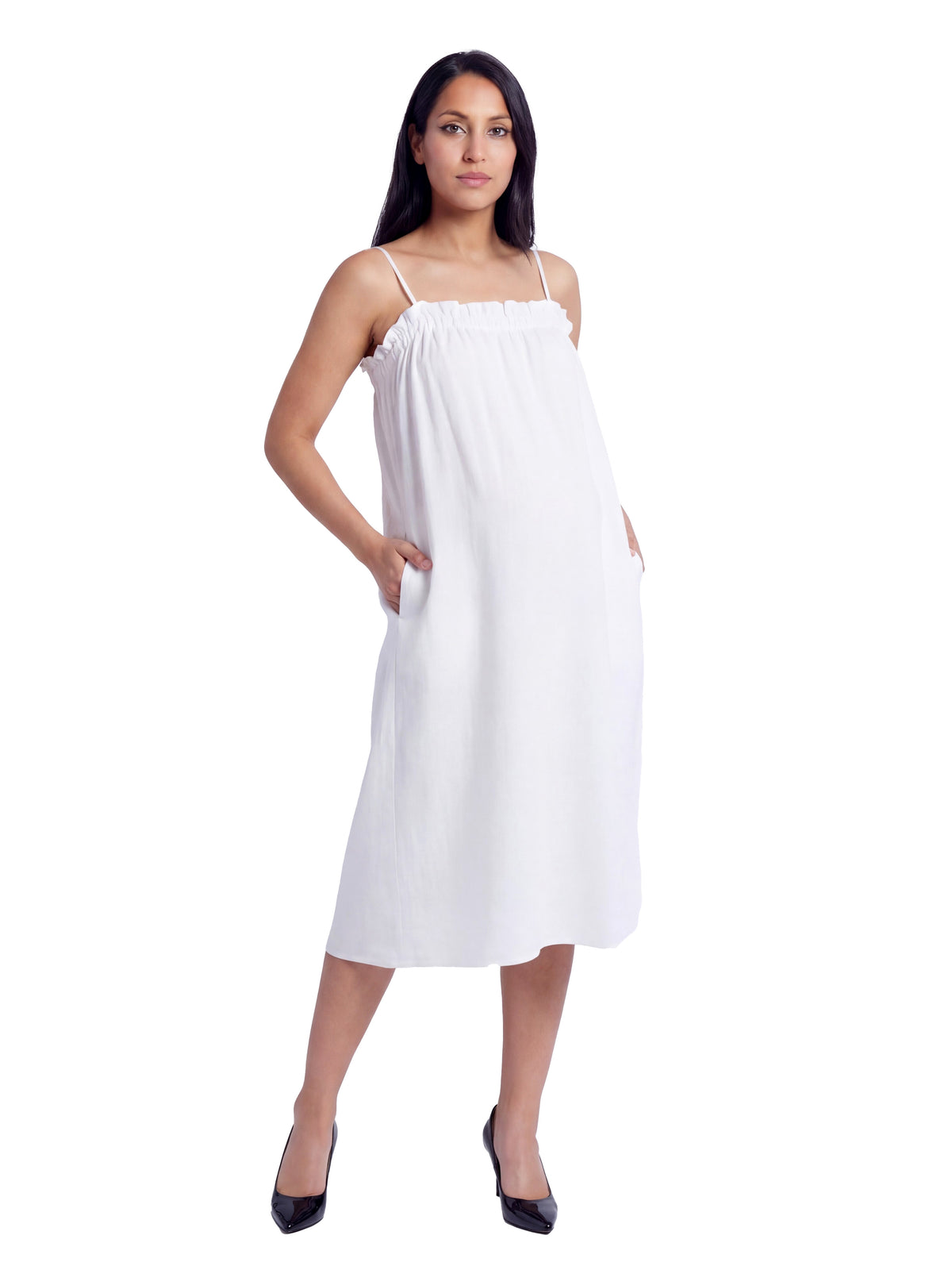 24seven Comfort Essential Maternity Spaghetti Strap Smocked Pocket A Line Maxi Dress