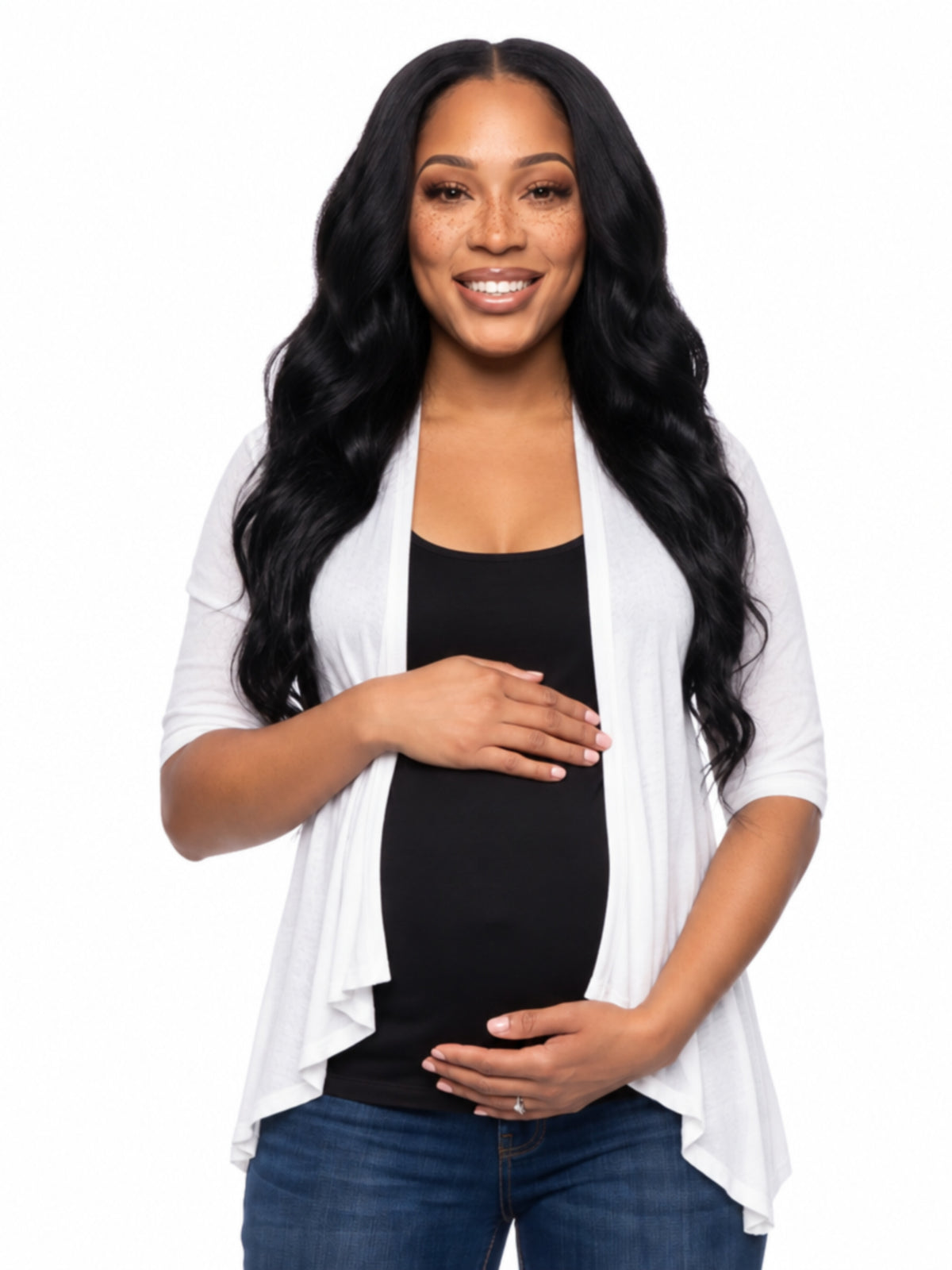24seven Comfort Basic Maternity Elbow Sleeve Open Front Cascading Shape Jacket
