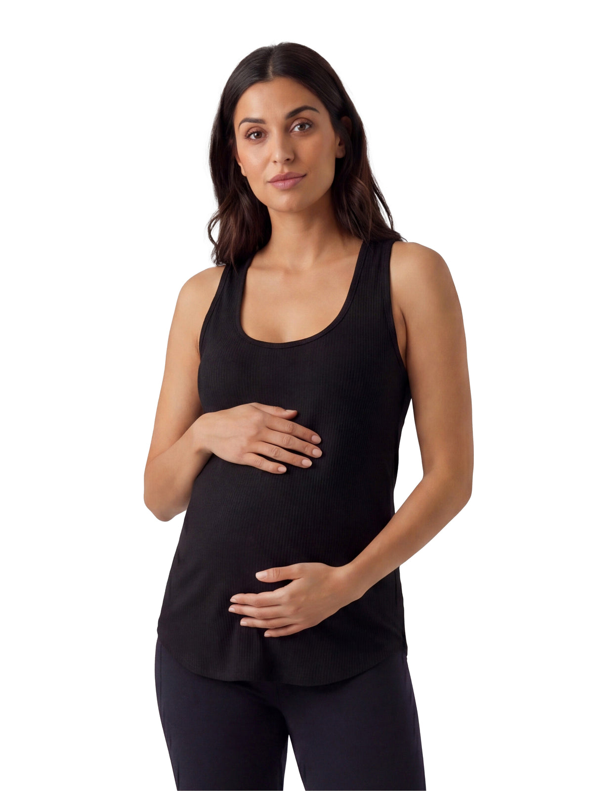24seven Comfort Basic Maternity Ribbed Knit Sleeveless Scoop Neck Long Flared Tank Top