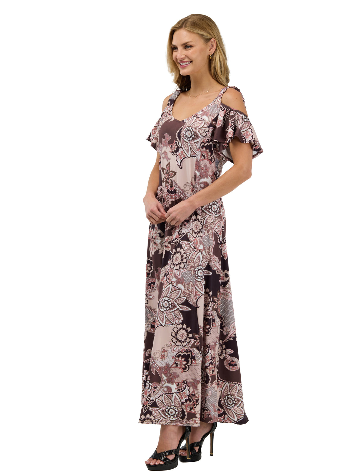 24seven Comfort Elevate Womens V Neck Cold Sholder Ruffle Sleeve Wide A Line Floral Maxi Dress