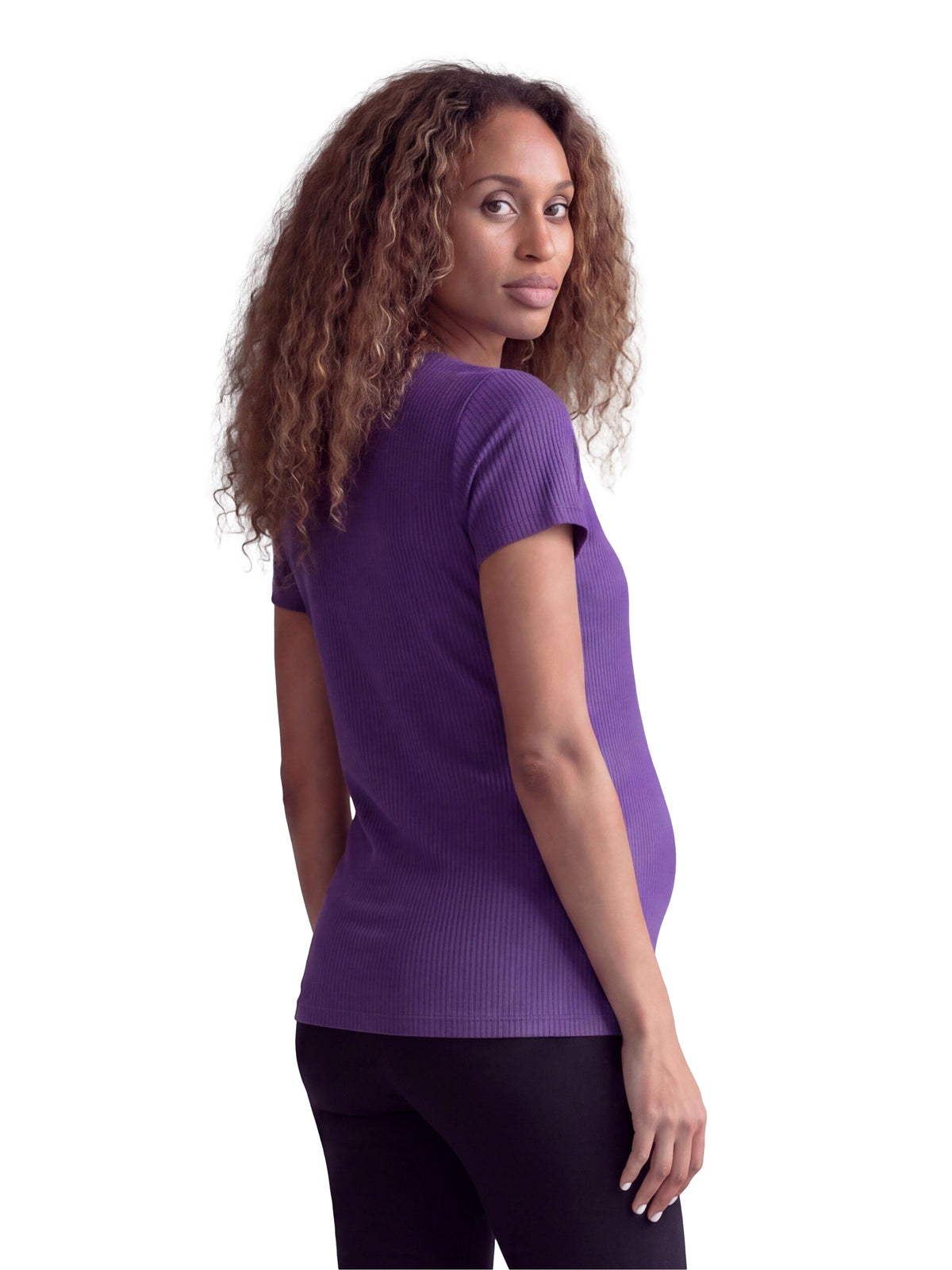 24seven Comfort Basic Maternity Ribbed Knit Round Neck Short Sleeve Top