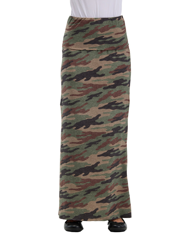 24seven Comfort Essential Womens Soft Stretch Camouflage Elastic Waist Maxi Skirt