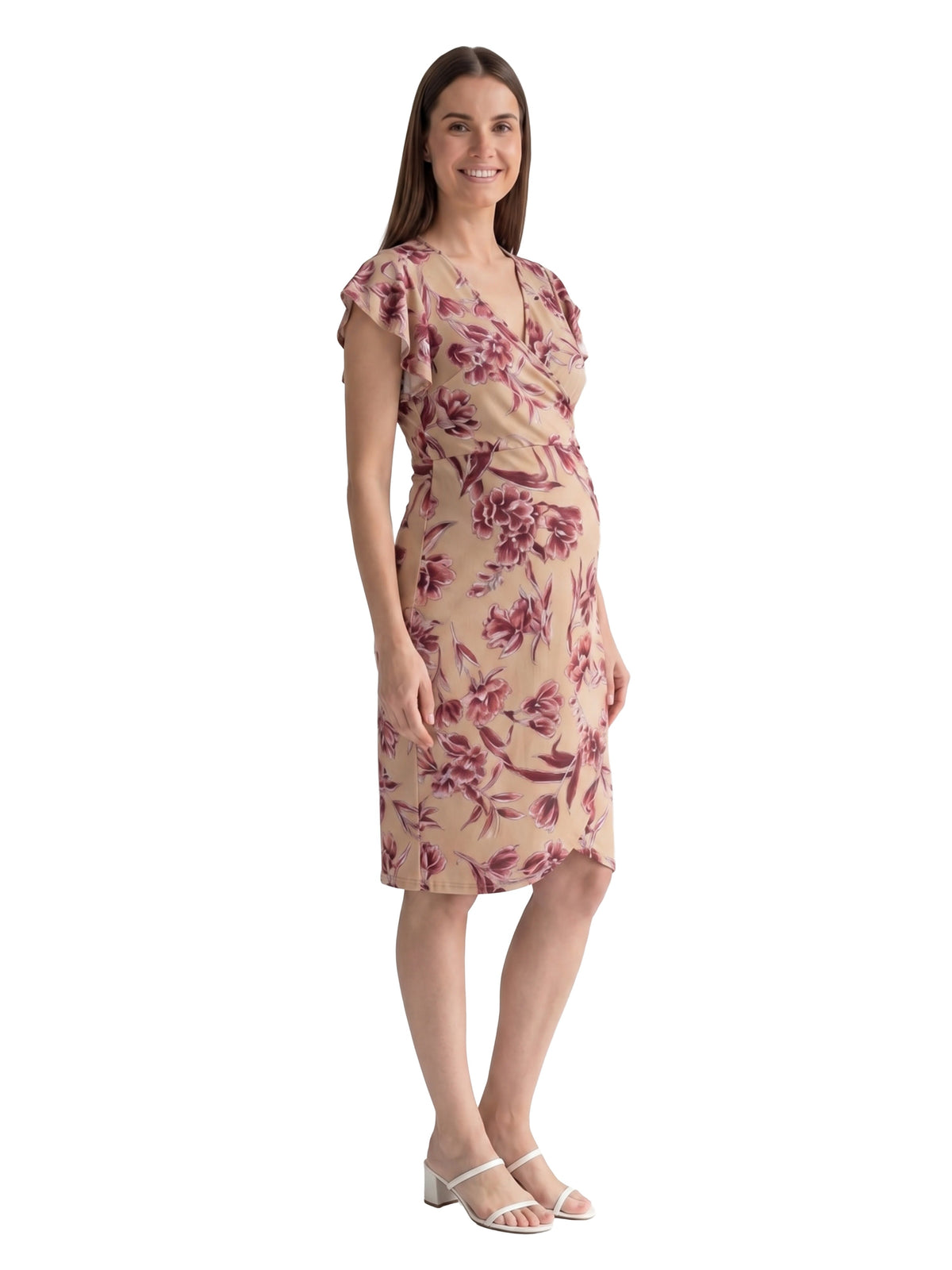 24seven Comfort Elevate Maternity Beige Floral Flutter Sleeve Faux Wrap Knee Length Dress