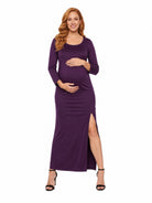 24seven Comfort Essential Maternity Long Sleeve Side Slit Fitted Black Maxi Dress