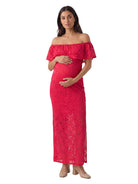 24seven Comfort Elevate Maternity Lace Off the Shoulder Side Slit Bodycon Maxi Dress