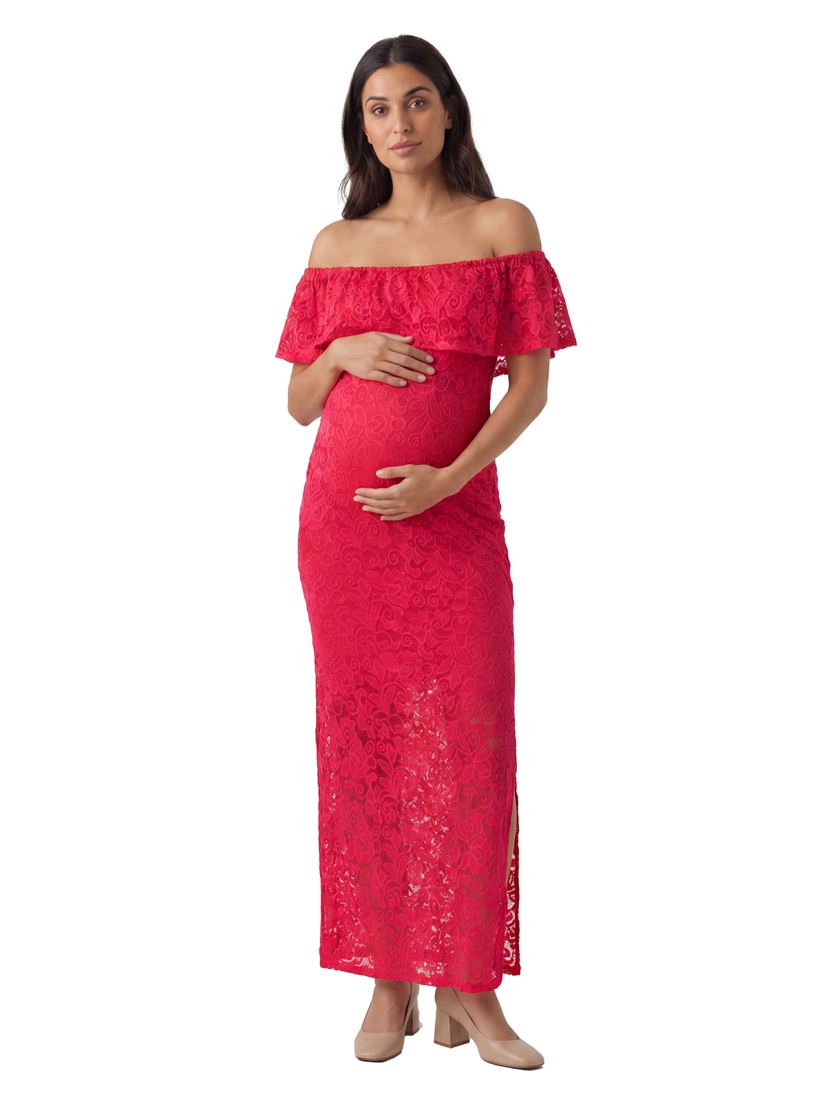 24seven Comfort Elevate Maternity Lace Off the Shoulder Side Slit Bodycon Maxi Dress