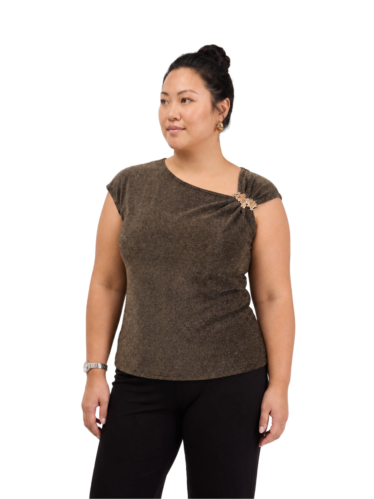 24seven Comfort Elevate Curvy Cap Sleeve Asymmetrical Boat Neck With Gold Shoulder Brooch Top