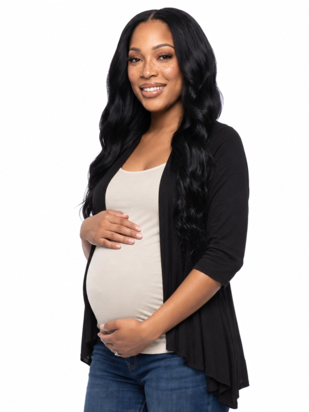 24seven Comfort Basic Maternity Elbow Sleeve Open Front Cascading Shape Jacket