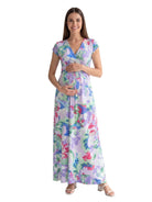 24seven Comfort Essential Maternity Abstract V Neck Cap Sleeve Side Slit Pocket A Line Maxi Dress