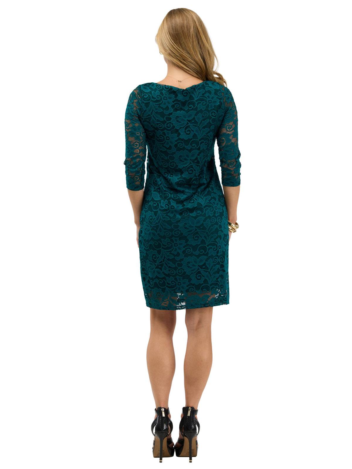 24seven Comfort Elevate Womens Elegant Floral Lace Three-Quarter Sleeve Dress
