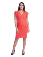 24seven Comfort Elevate Maternity Lace V Neck Flutter Sleeve Faux Wrap Midi Dress