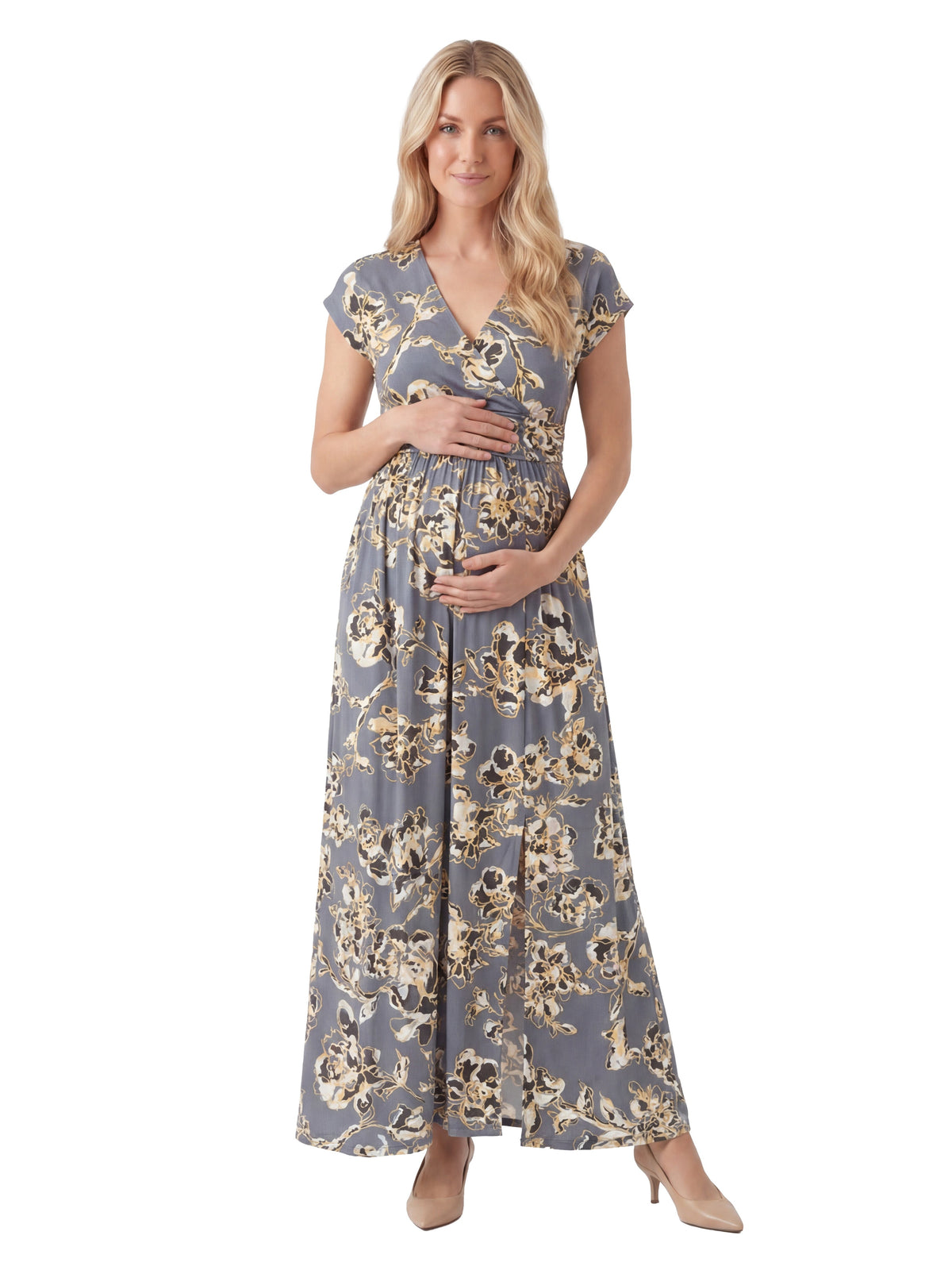 24seven Comfort Essential Maternity Floral V Neck Cap Sleeve Side Slit Pocket Maxi Dress