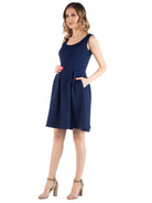 24seven Comfort Essential Maternity Scoop Neck Sleeveless Pleated Soft Flare Knee Length Pocket Dress