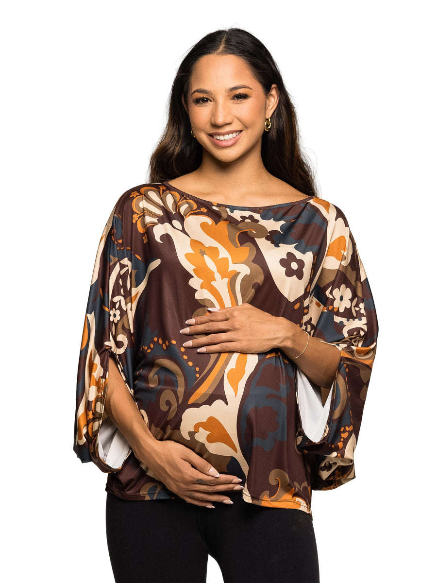 24seven Comfort Essential Maternity Brown Paisley Print Boat Neck Batwing Sleeve Top