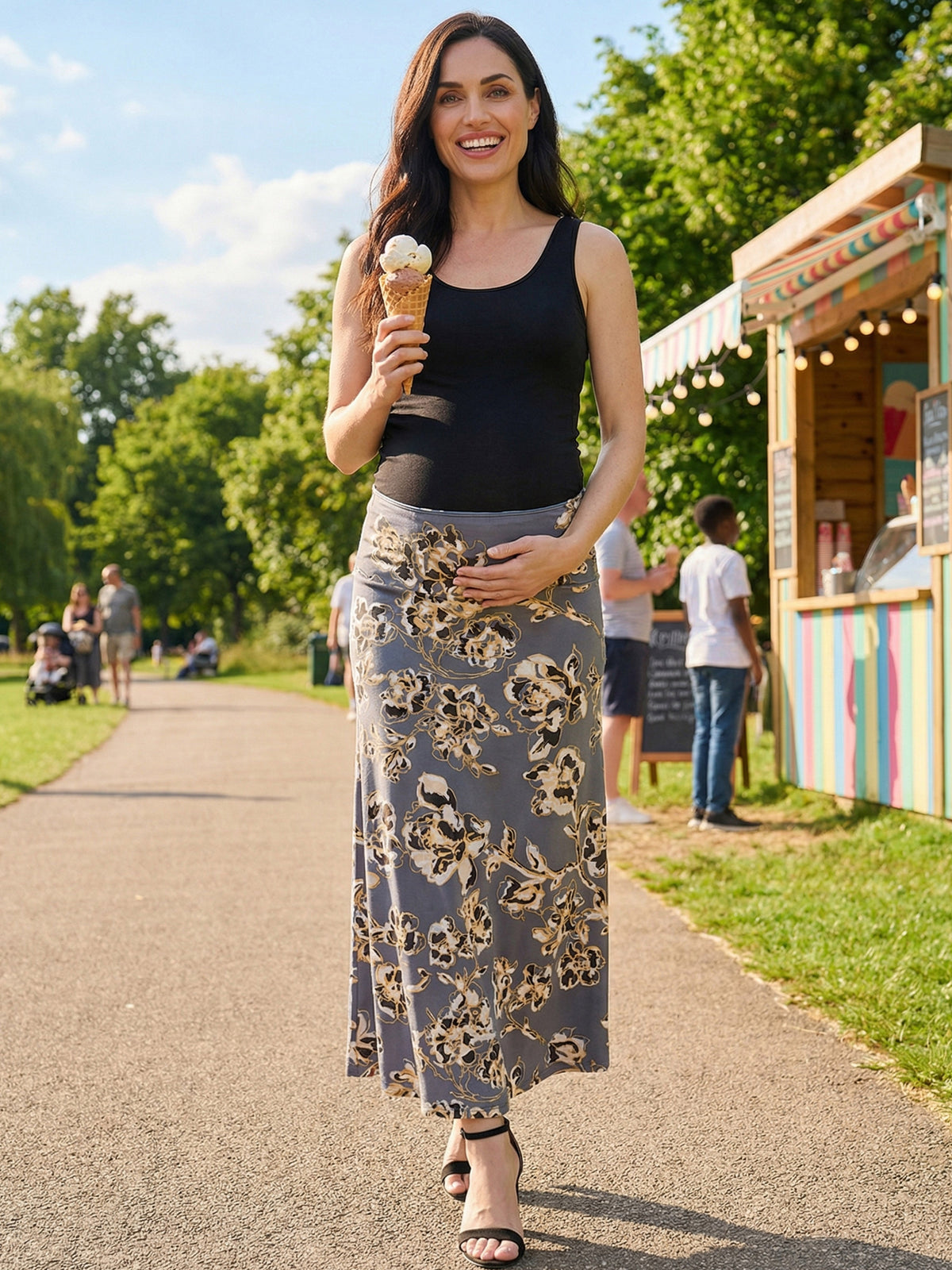 24seven Comfort Essential Maternity Floral Elastic Waist A Line Maxi Skirt