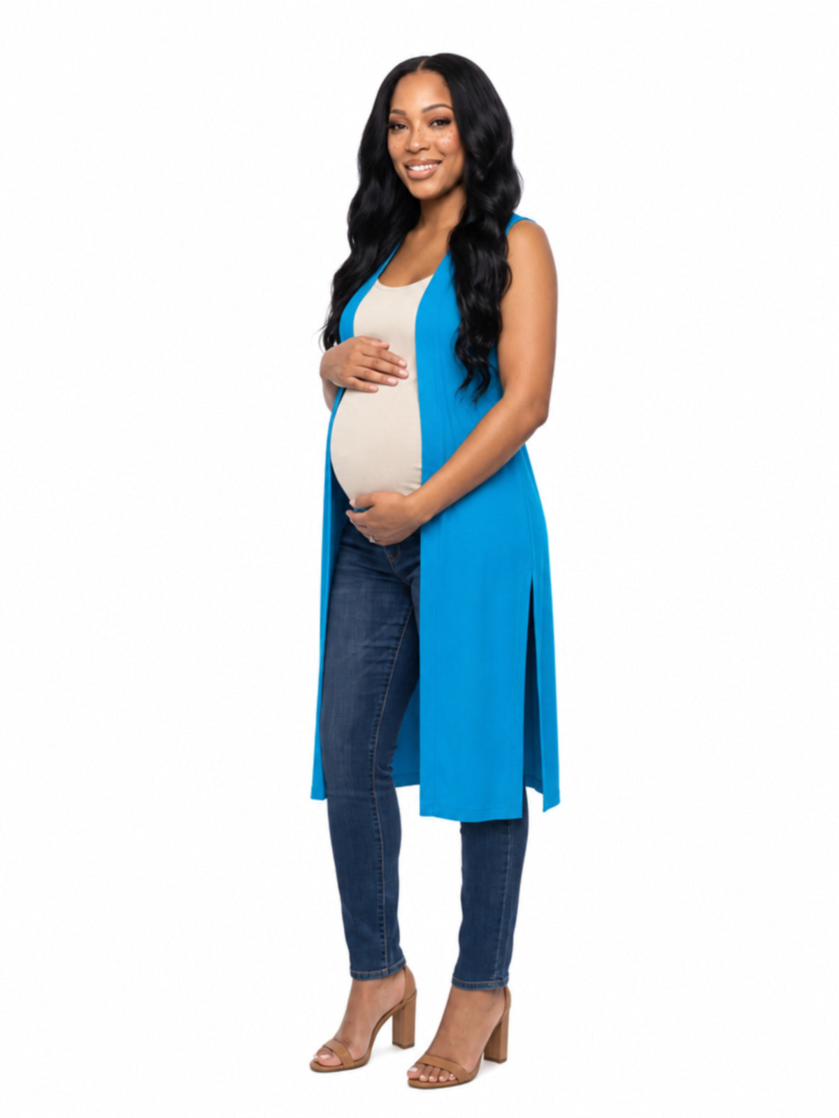 24seven Comfort Basic Maternity Sleeveless Open Front Side Slit Extra Long Jacket