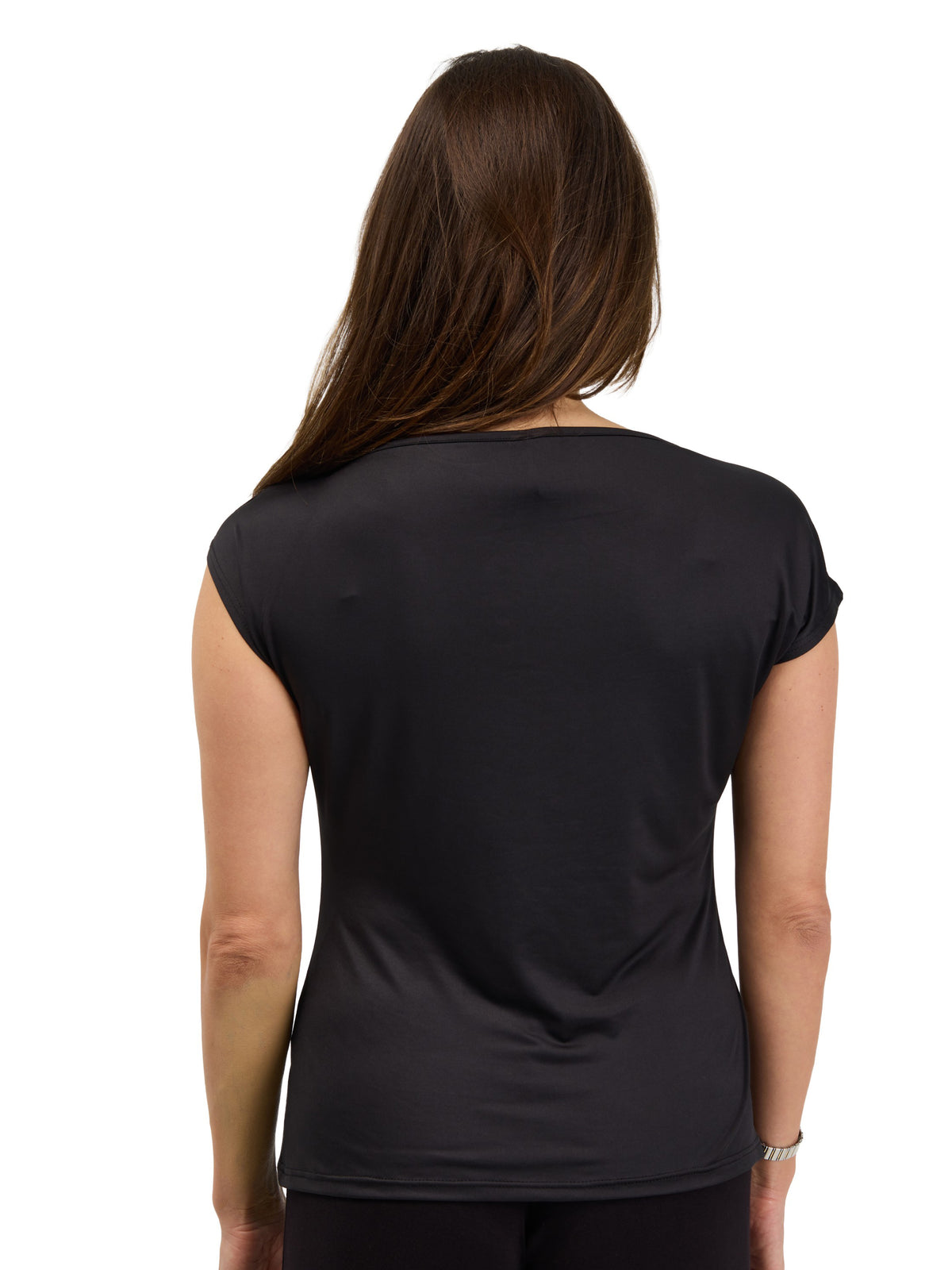 24seven Comfort Elevate Womens Cap Sleeve Asymmetrical Boat Neck With Gold Shoulder Brooch Top
