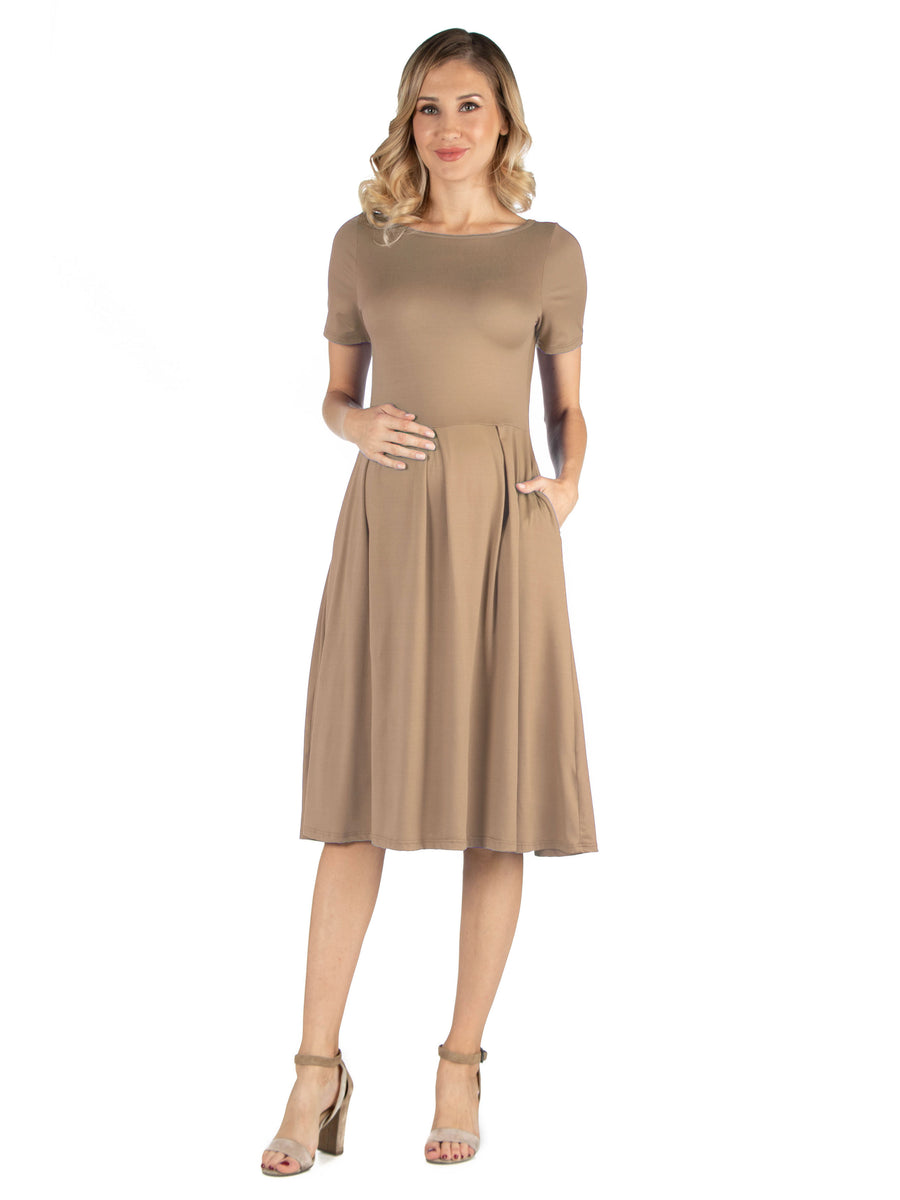 24seven Comfort Essential Maternity Boat Neck Short Sleeve Pleated Pocket Midi Dress
