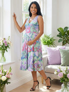 24seven Comfort Essential Maternity Abstract V Neck Sleeveless Pleated Pocket Midi Fit N Flare Dress
