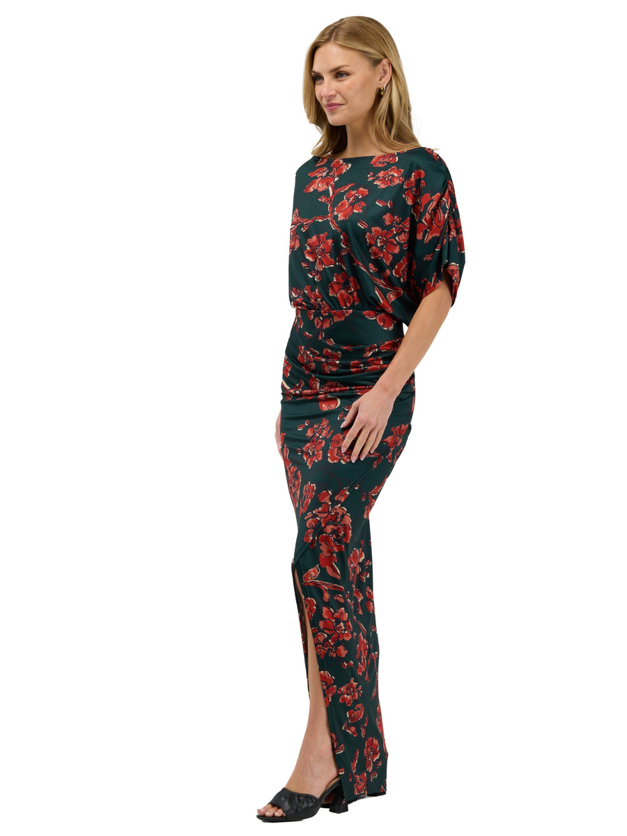 24seven Comfort Elevate Womens Floral Short Batwing Sleeve Boat Neck Ruched Waist Long Maxi Dress