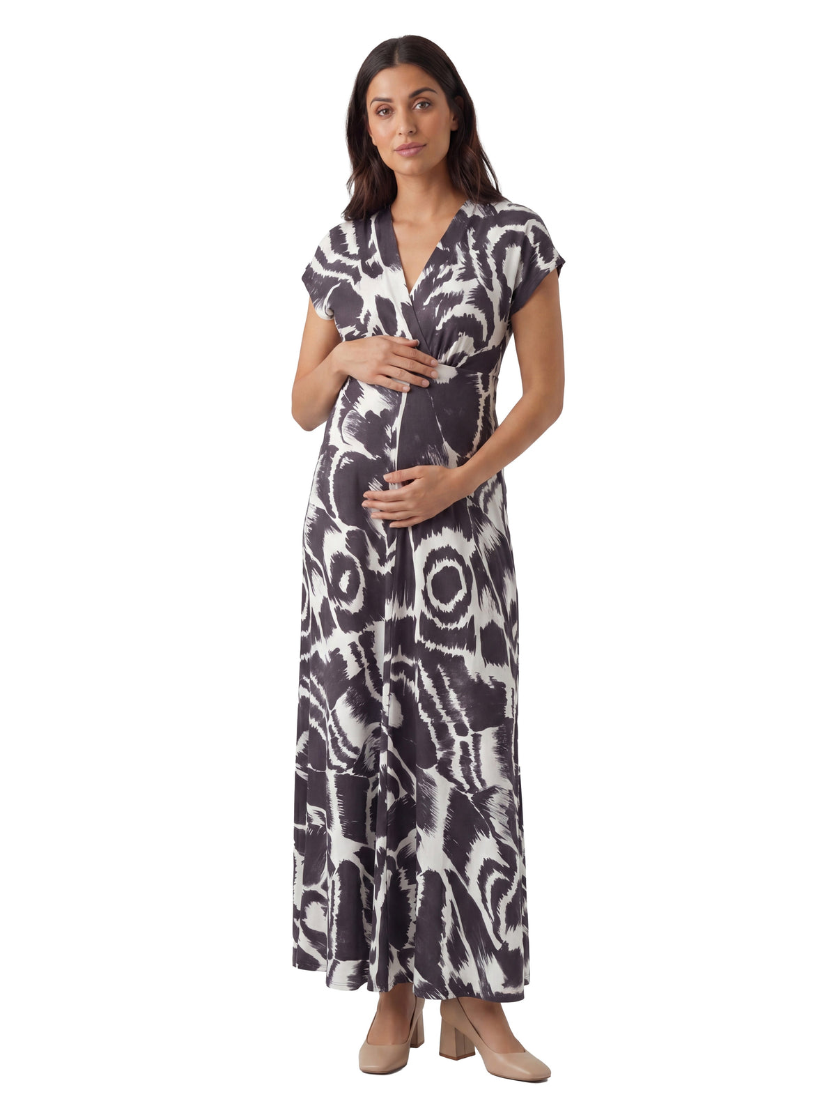 24seven Comfort Essential Maternity Abstract V Neck Empire Waist Cap Sleeve Maxi Dress