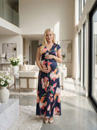 24seven Comfort Elevate Maternity Floral V Neck Cap Sleeve Ruched Front Maxi Dress