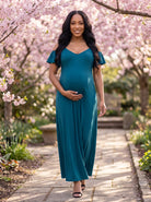 24seven Comfort Elevate Maternity Scoop Neck Cold Sholder Ruffle Sleeve A Line Maxi Dress