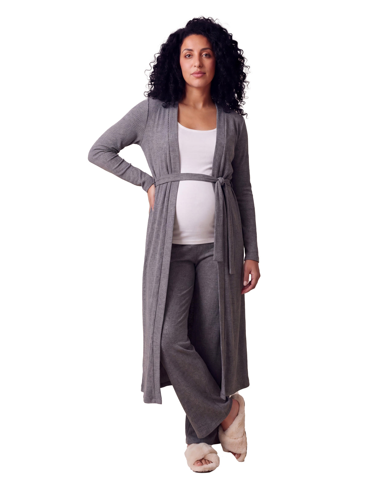 24seven Comfort Basic Maternity Long Sleeve Tie Waist Soft Jacket and Elastic Waist Wide Leg Pant Set