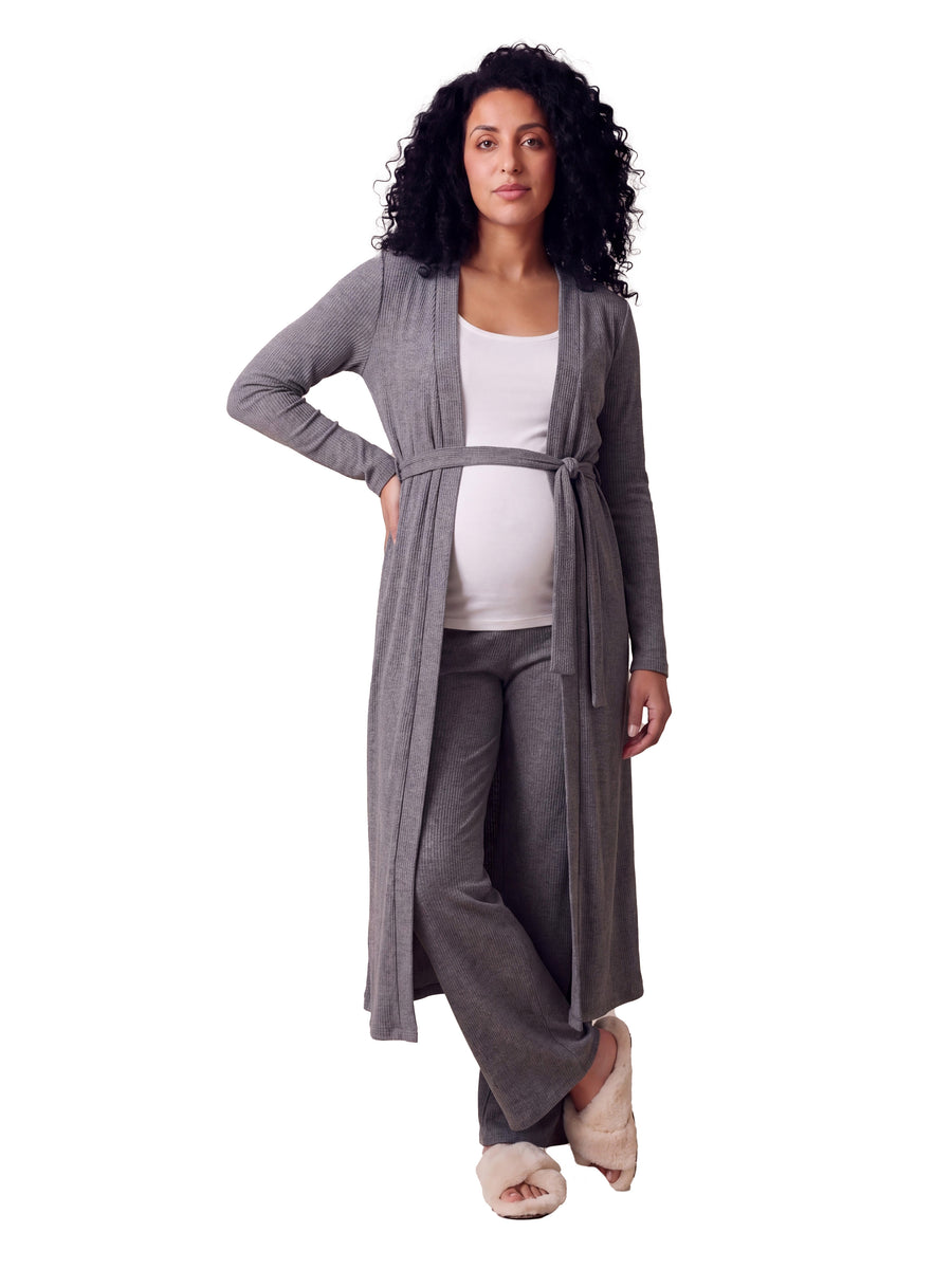 24seven Comfort Basic Maternity Long Sleeve Tie Waist Soft Jacket and Elastic Waist Wide Leg Pant Set
