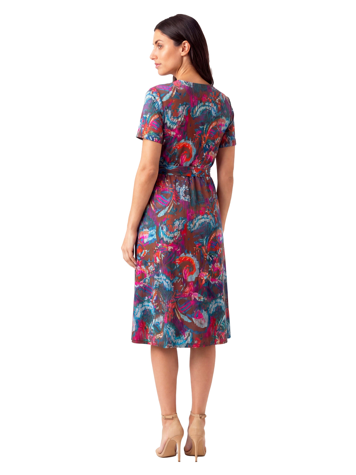 24seven Comfort Essential Maternity Brown Abstract Print Short Sleeve Tie Waist Midi Dress
