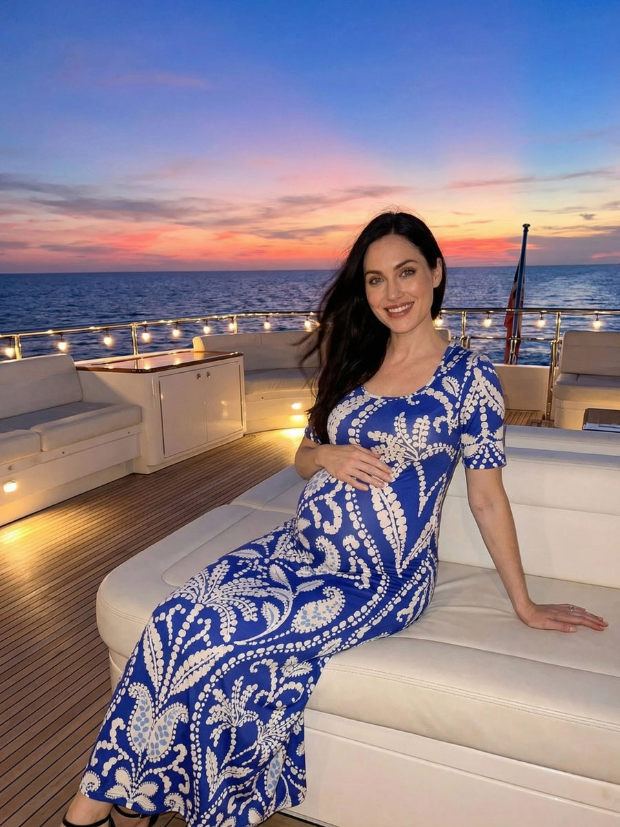 24seven Comfort Essential Maternity Blue Paisley Scoop Neck Elbow Sleeve A Line Maxi Dress