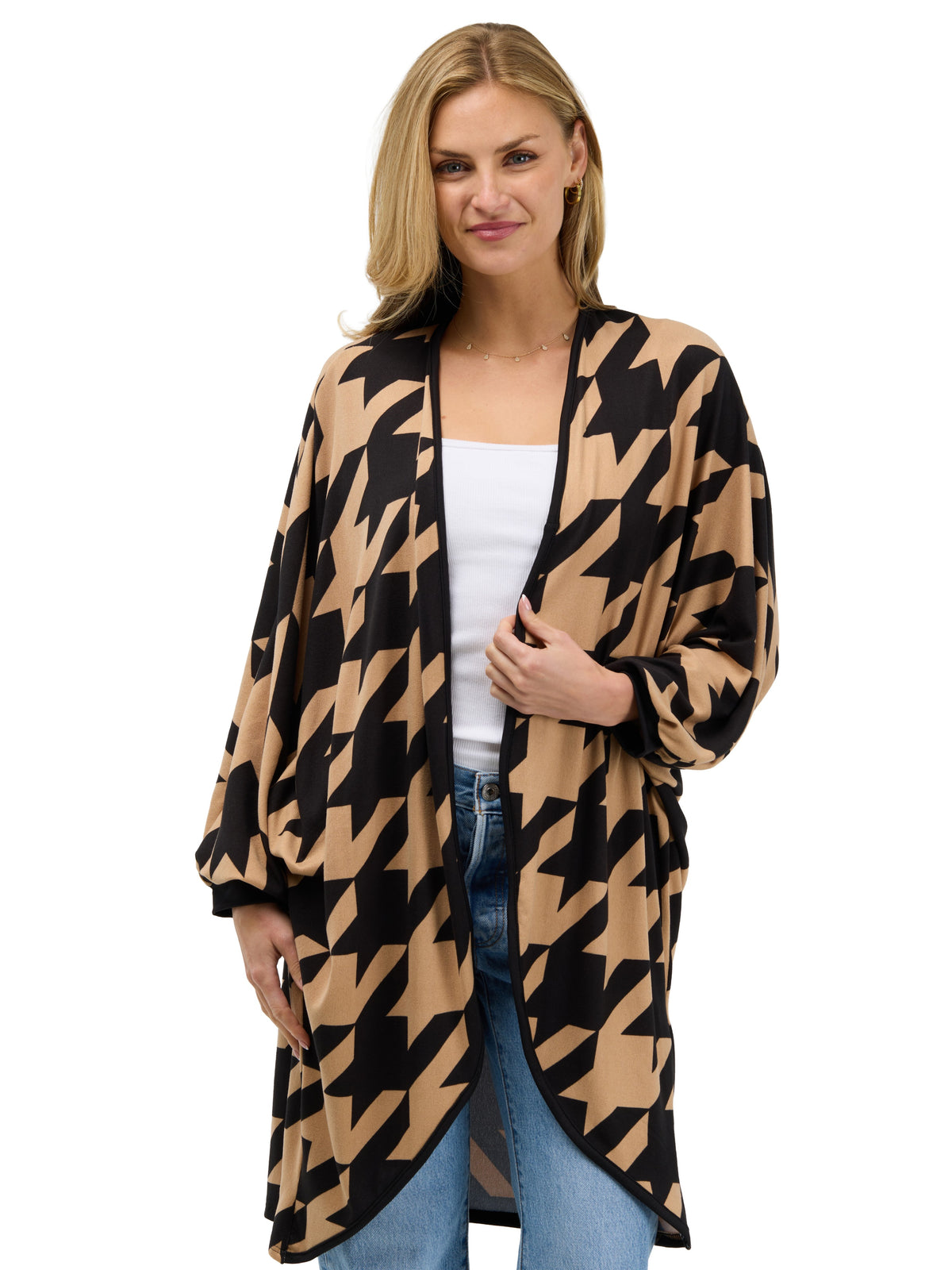 24seven Comfort Essential Womens Geometric Houndstooth Open Front Cardigan Jacket