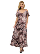 24seven Comfort Elevate Womens V Neck Cold Sholder Ruffle Sleeve Wide A Line Floral Maxi Dress