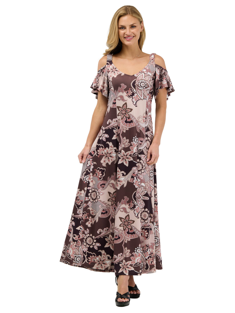 24seven Comfort Elevate Womens V Neck Cold Sholder Ruffle Sleeve Wide A Line Floral Maxi Dress