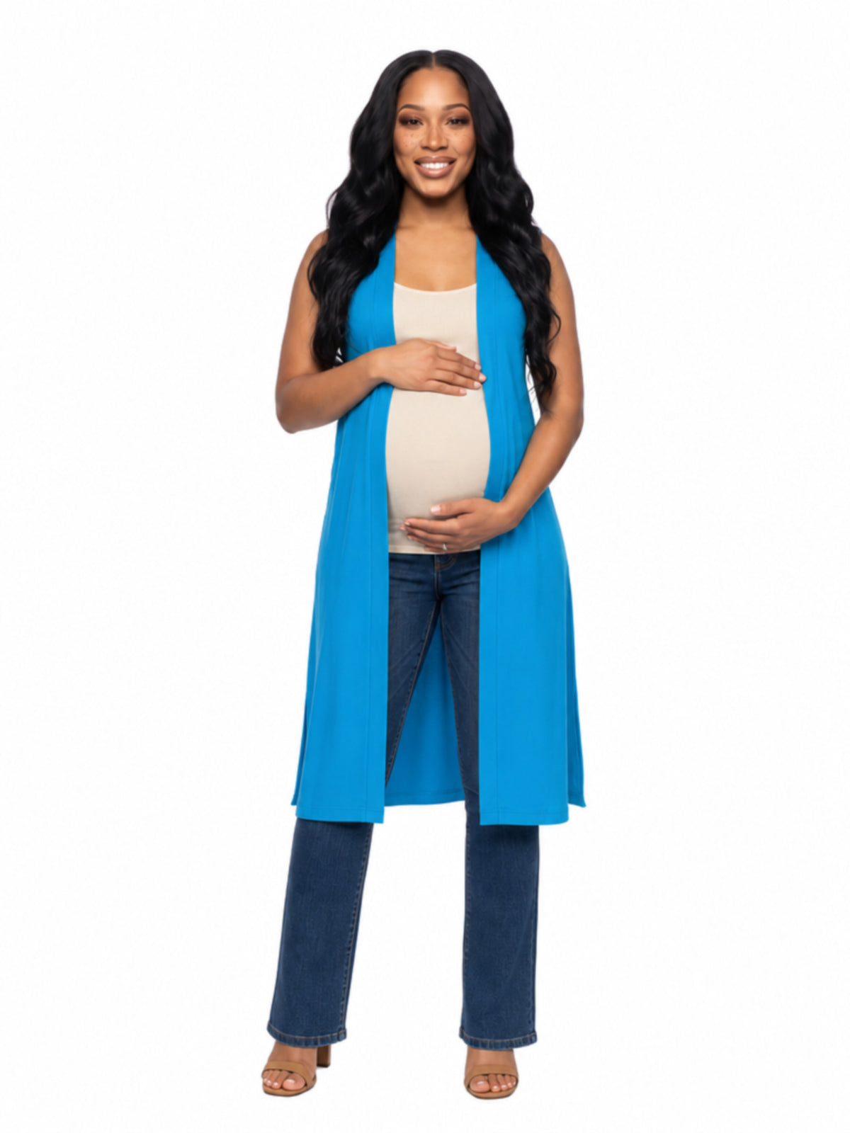 24seven Comfort Basic Maternity Sleeveless Open Front Side Slit Extra Long Jacket