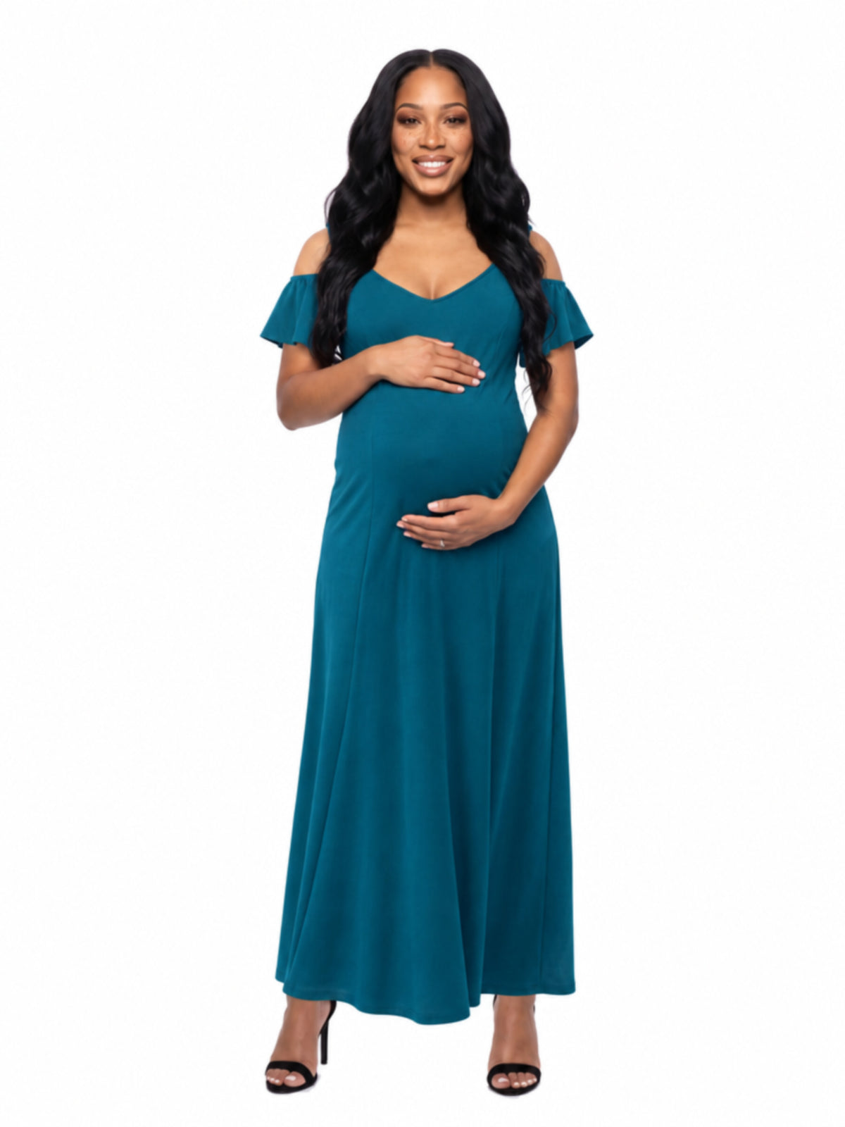 24seven Comfort Elevate Maternity Scoop Neck Cold Sholder Ruffle Sleeve A Line Maxi Dress