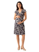 24seven Comfort Essential Maternity Black Abstract Print Cap Sleeve V Neck Knee Length Pocket Dress