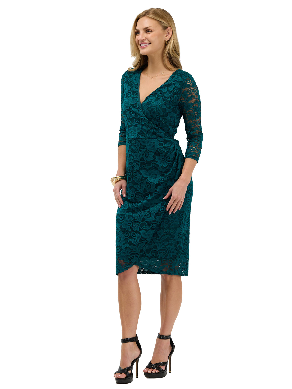 24seven Comfort Elevate Petite Lace Three-Quarter Sleeves Wrap Dress