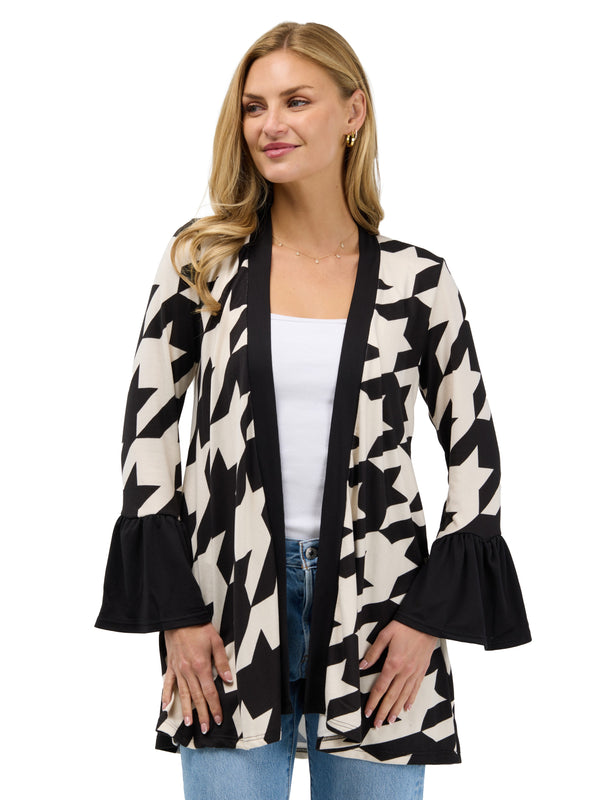 24seven Comfort Essential Womens Geometric Houndstooth Soft Stretch Bell Sleeve Open Front Jacket