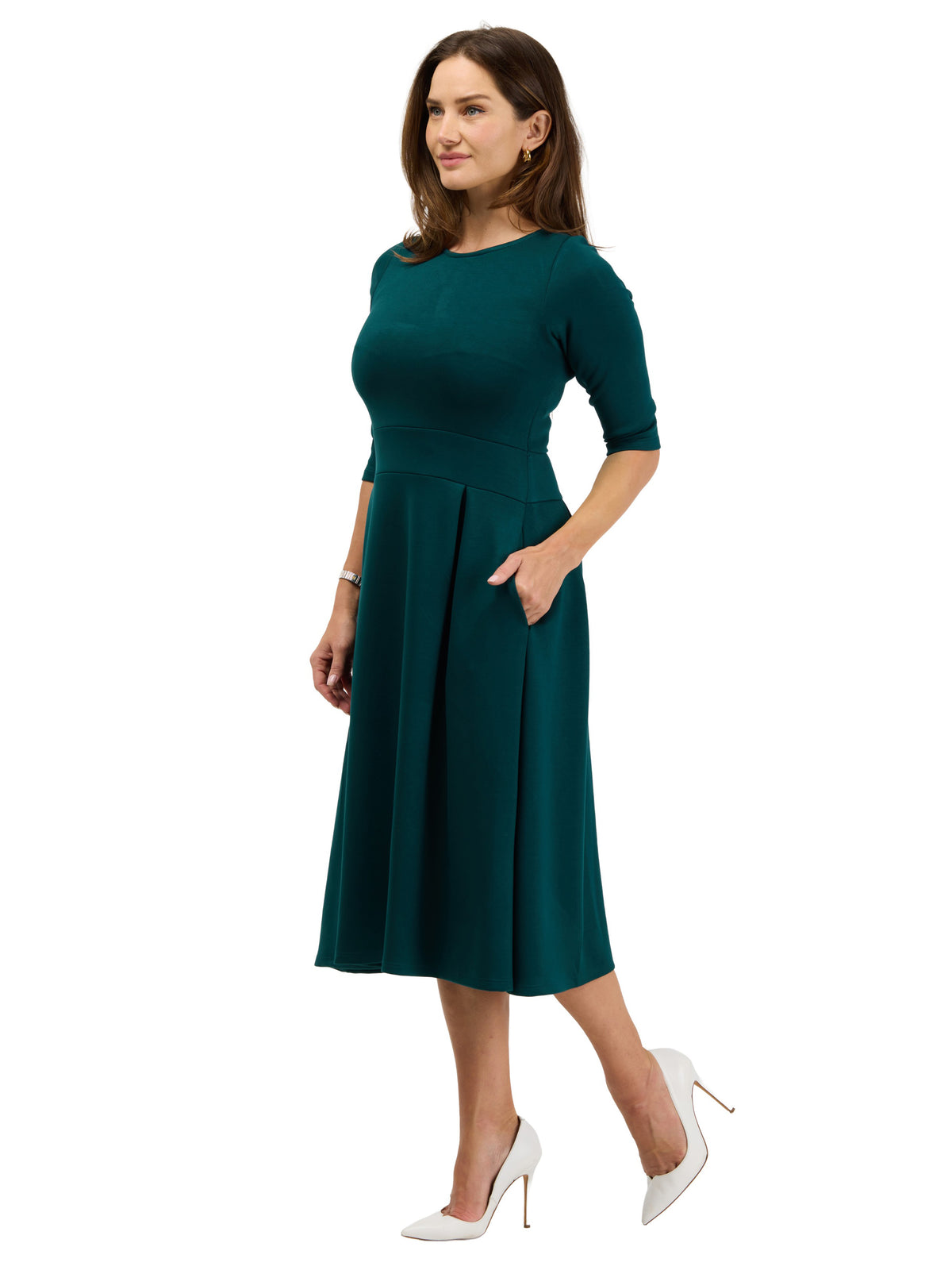 24seven Comfort Essential Womens Elegant Pleated Three-Quarter Sleeve Midi Dress