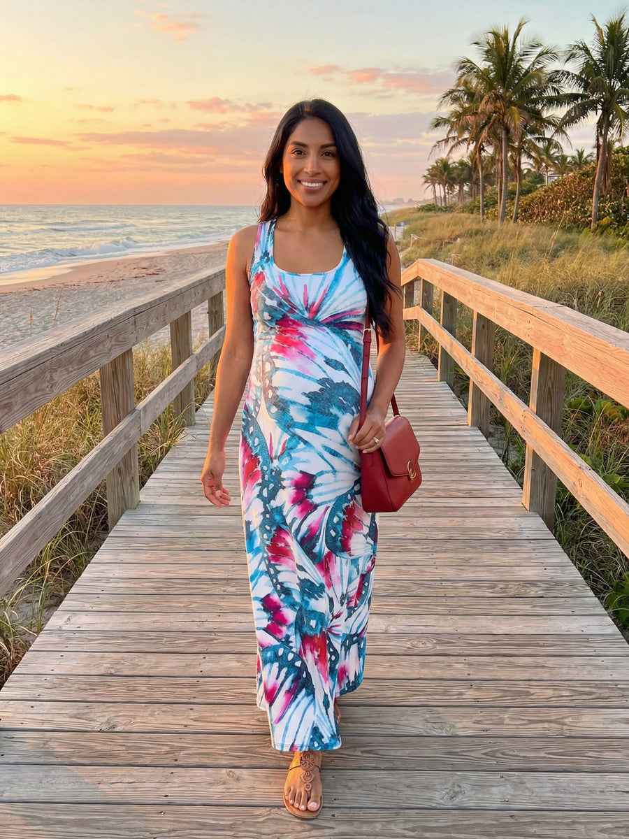 24seven Comfort Essential Maternity Butterfly Sleeveless Scoop Neck A Line Pocket Maxi Dress