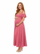 24seven Comfort Elevate Maternity Scoop Neck Cold Sholder Ruffle Sleeve A Line Maxi Dress