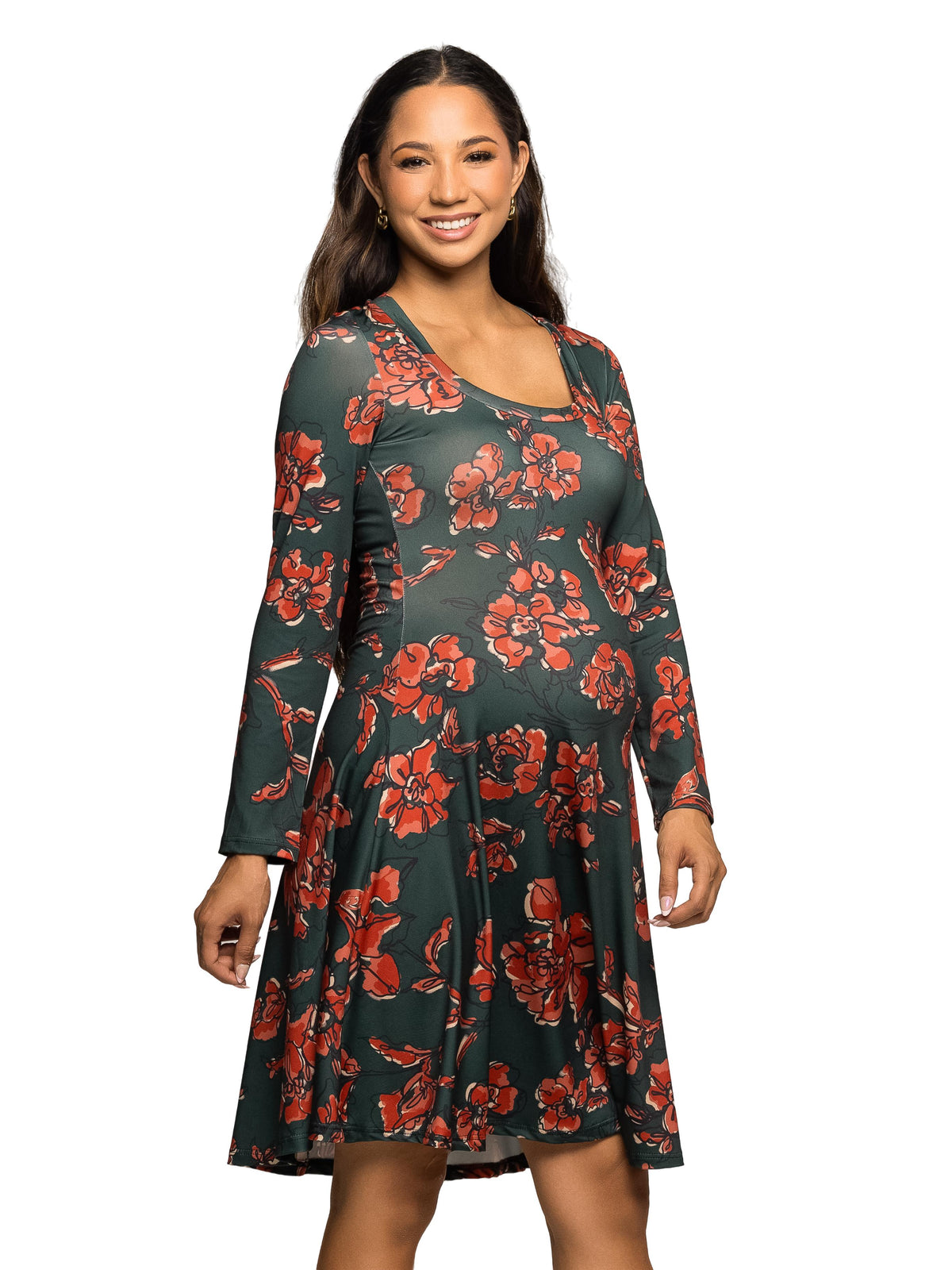 24seven Comfort Essential Maternity Green Floral Print Scoop Neck Fit N Flare Knee Length Dress
