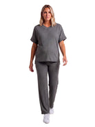 24seven Comfort Basic Maternity Ribbed Knit Dolman Sleeve V Neck Top and Drawstring Wide Leg Pant Set