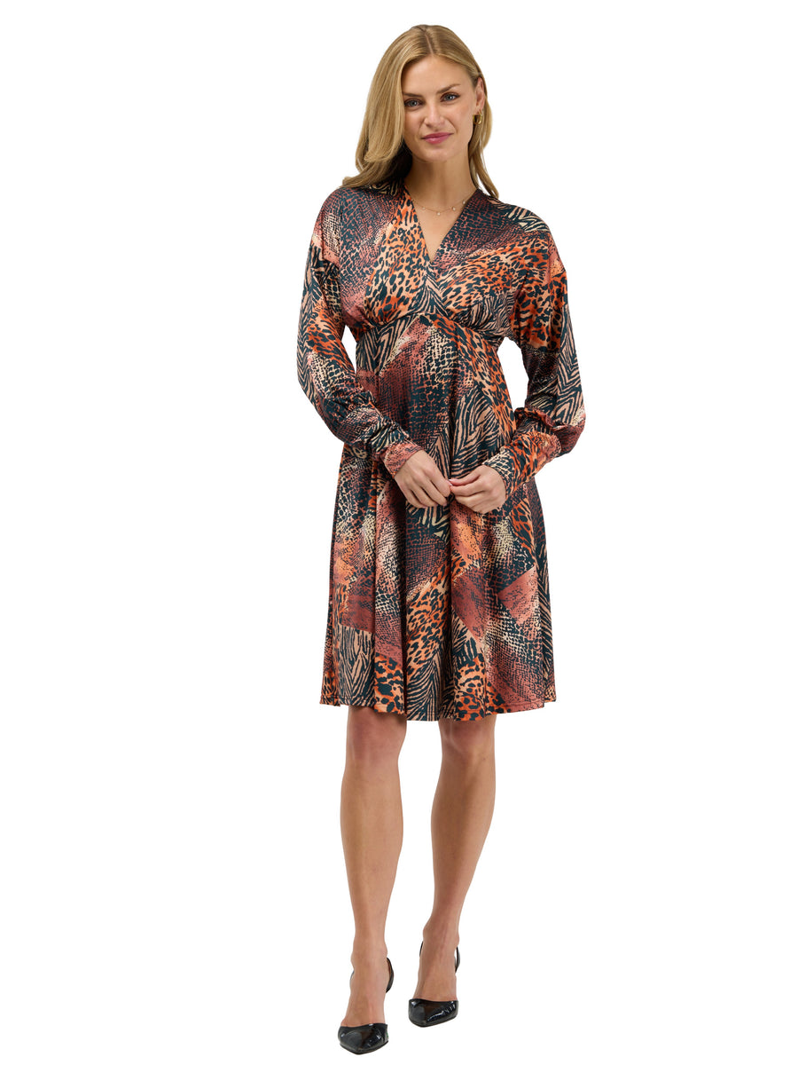 24seven Comfort Elevate Womens Long Sleeve V Neck Empire Waist Knee Length Flare Dress
